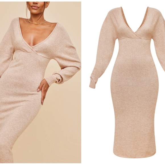 Prettylittlething Oatmeal‎ Cold Shoulder Knit Lace Sweater Dress M - Picture 2 of 10
